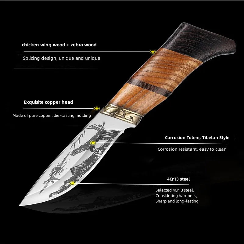 Corroded Pattern Kitchen Knife - Double Solid Wood Splice Copper Head Handle - Ideal for Kitchen and BBQ Use