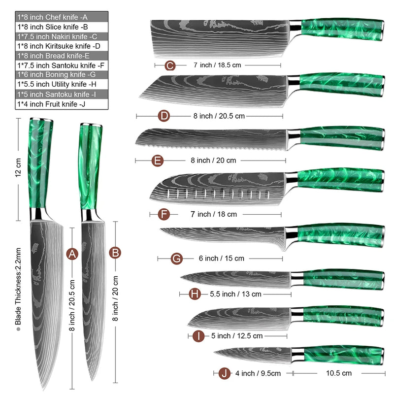 10-Piece Green Damascus Pattern Knife Set - Versatile Stainless Steel for Kitchen Use