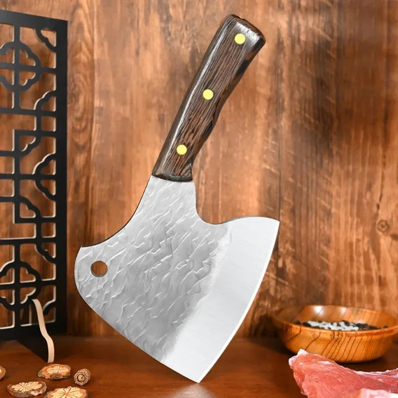 Heavy Kitchen Cleaver Axe - Hand-Forged Blade with Wood Handle for Chopping Meat and Bones