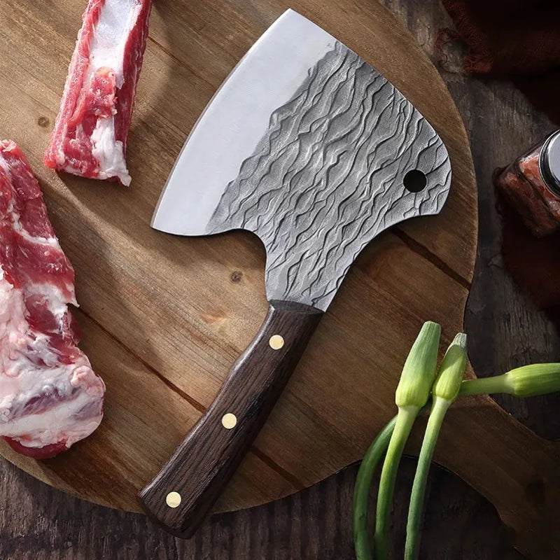 Heavy Kitchen Cleaver Axe - Hand-Forged Blade with Wood Handle for Chopping Meat and Bones