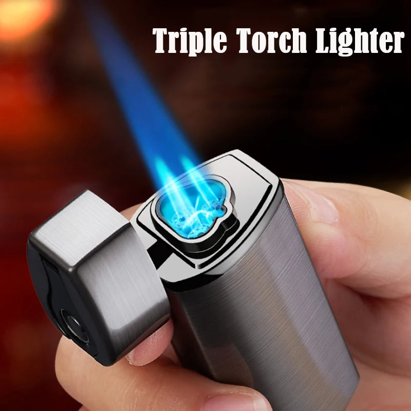 Metal Outdoor USB Lighter - Windproof, Turbo Three Torch, Blue Flame Jet"