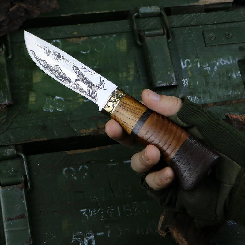 Corroded Pattern Kitchen Knife - Double Solid Wood Splice Copper Head Handle - Ideal for Kitchen and BBQ Use