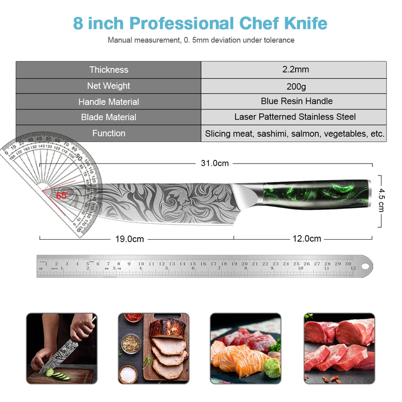 Green Forest 8-Inch Chef Knife - Sharp Stainless Steel Bbq Knife with Green Resin Handle