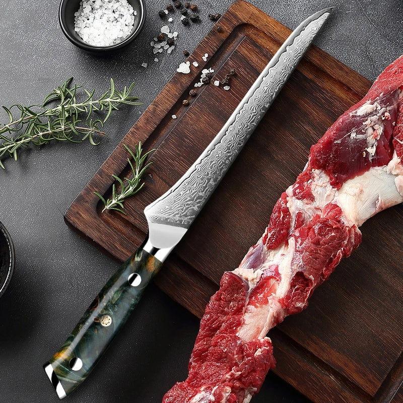 Jade Blade Boning Knife - Pro Damascus Steel for Bone Removal, Steak, Sushi, and Salmon Filleting